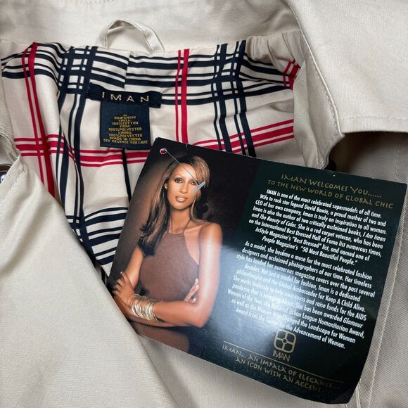 IMAN Women's Trench Coat Medium Beige Cotton Belted Double Breasted Plaid Trim - Picture 13 of 13